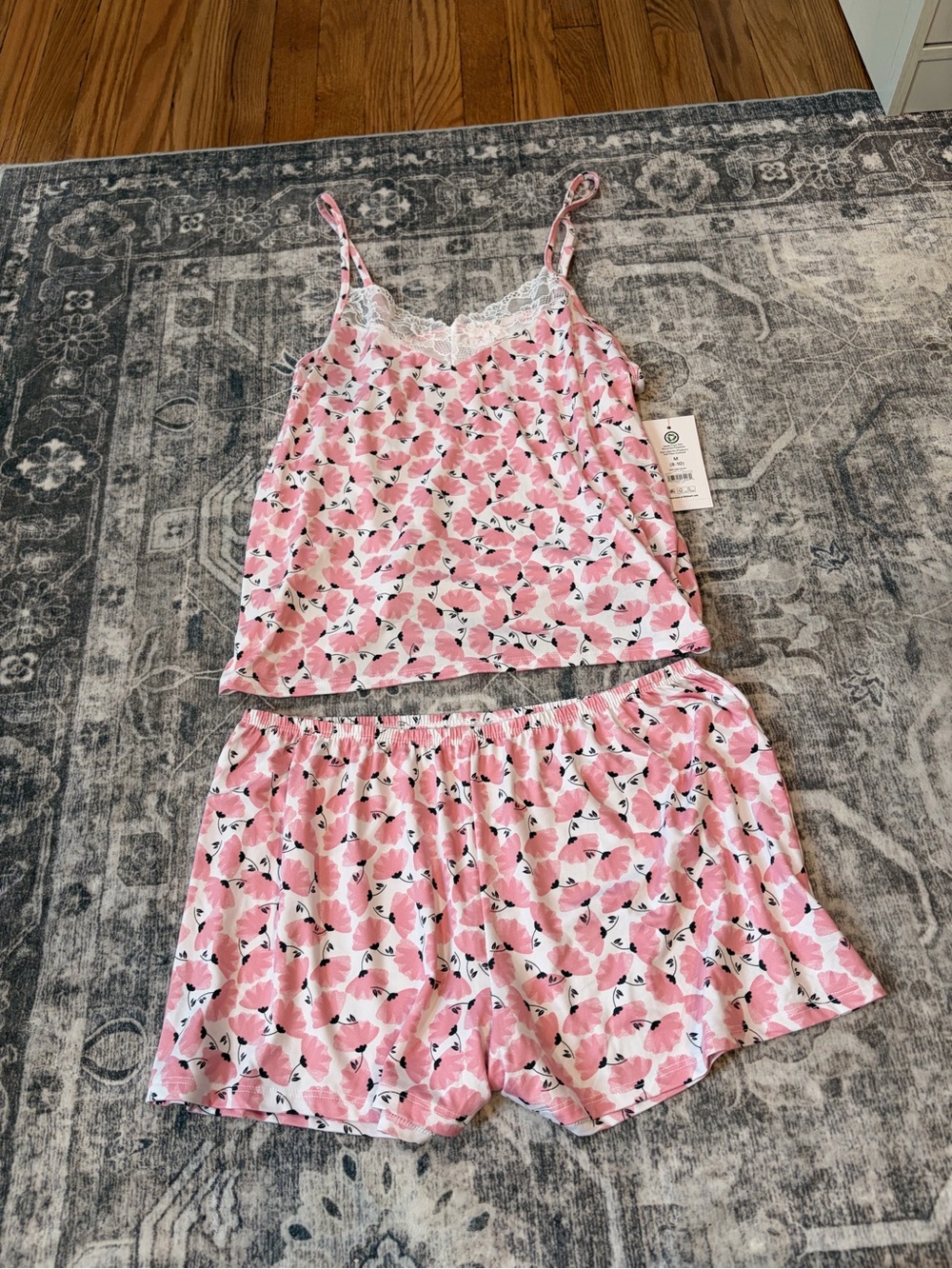 Women’s Pink Floral Lace-Trim Cami & Shorts Sleep Set